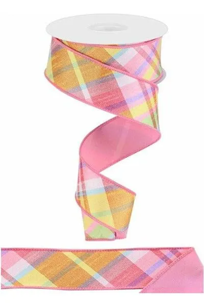 1.5" Diagonal Plaid Fused Ribbon: Light Pink/Yellow (10 Yards)