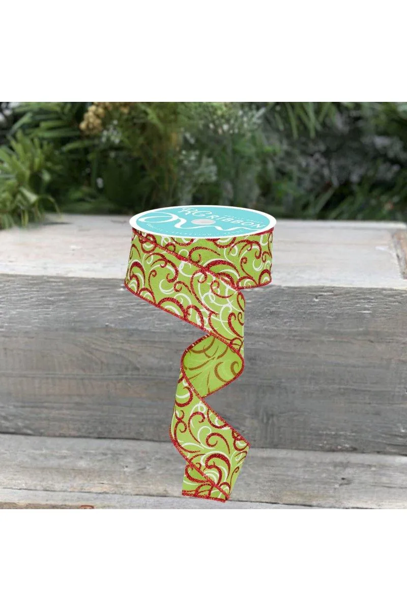 1.5" Multi Swirls Glitter Ribbon: Lime Green/Red (10 Yard)