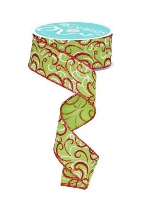 1.5" Multi Swirls Glitter Ribbon: Lime Green/Red (10 Yard)