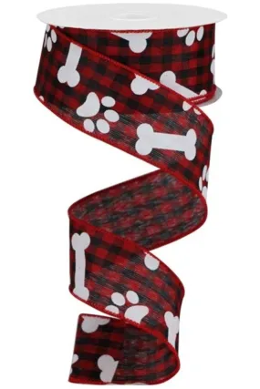 1.5" Paw Print Bone Check Ribbon: Red/Black (10 Yards)