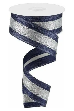 1.5" Shimmer Glitter Stripe Ribbon: Silver/Navy Blue (10 Yards)