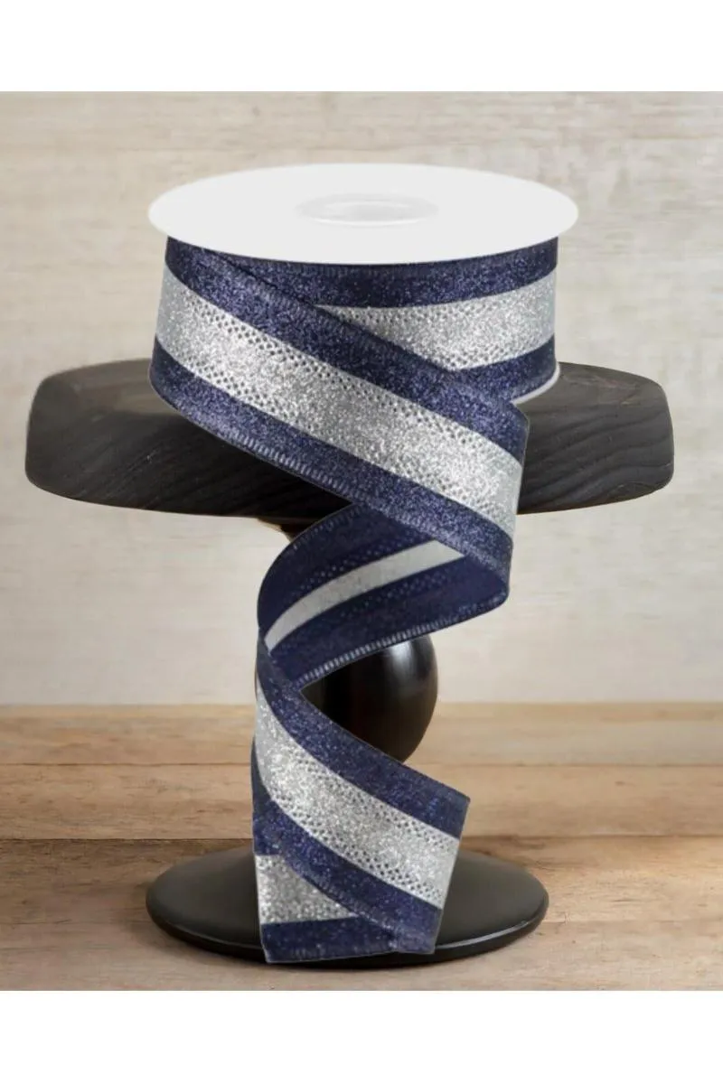 1.5" Shimmer Glitter Stripe Ribbon: Silver/Navy Blue (10 Yards)