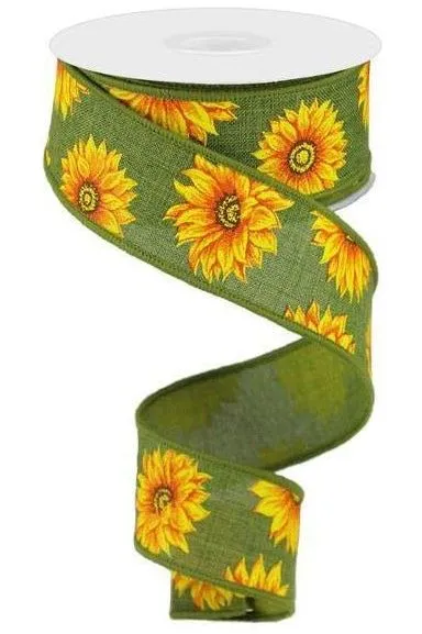 1.5" Sunflower on Canvas Ribbon: Green (10 Yards)