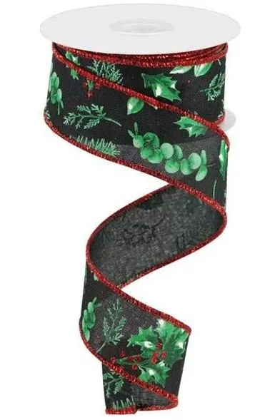 1.5" Winter Foliage Ribbon: Green (10 Yards)