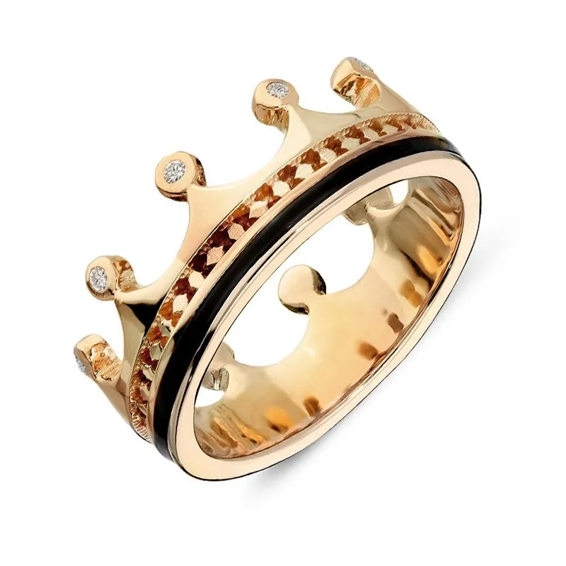 18ct Rose Gold Whitby Jet Diamond Tiara Patterned Band Ring