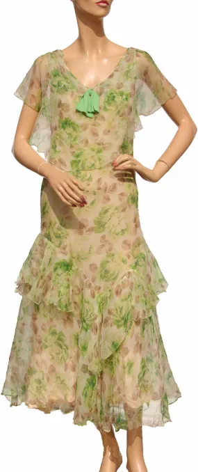 1930s Dress Floral Print Silk Chiffon