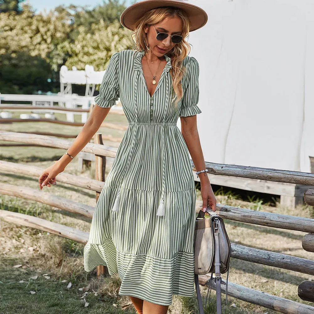 2024 Elegant Striped V-Neck Lantern Sleeve Boho Dress