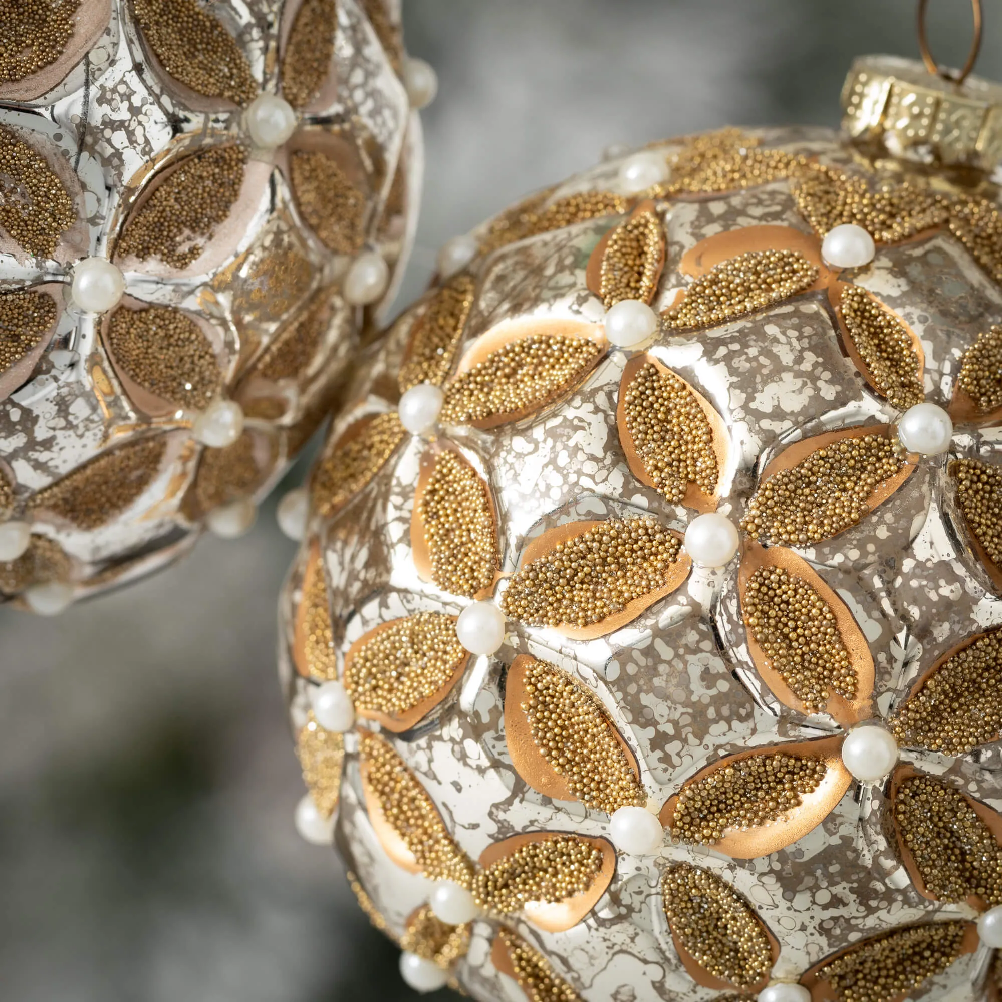 4"H Sullivans Beaded Floral Ornament - Set of 2, Gold Christmas Ornaments