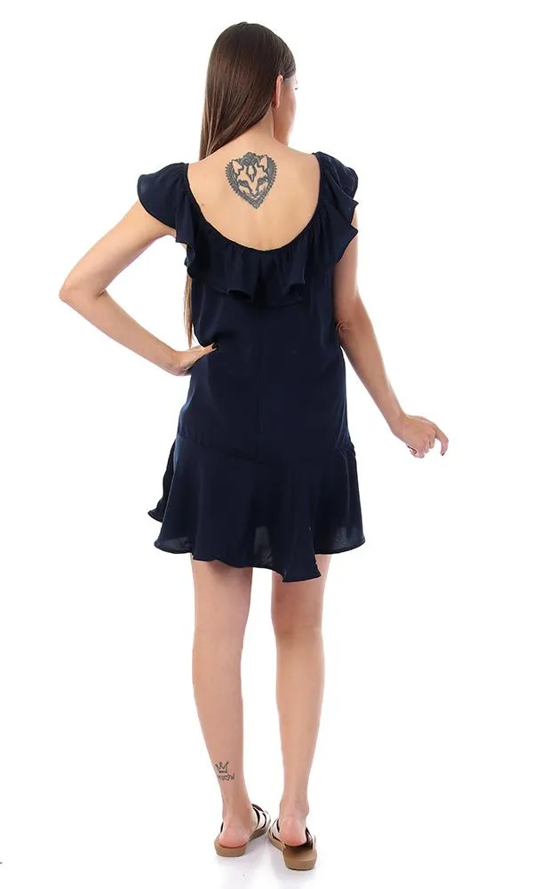 57140 Ruffled Tie-Front Navy Blue Dress