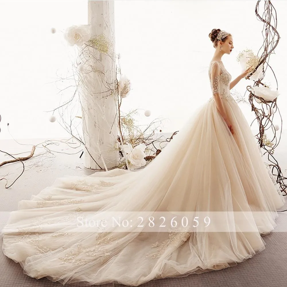 A-Line Champagne Half Sleeves Scoop Neck Beaded Wedding Dresses