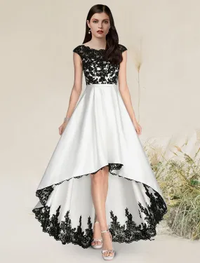 A-Line Elegant Engagement Formal Evening Dress Sleeveless Asymmetrical Satin with Appliques