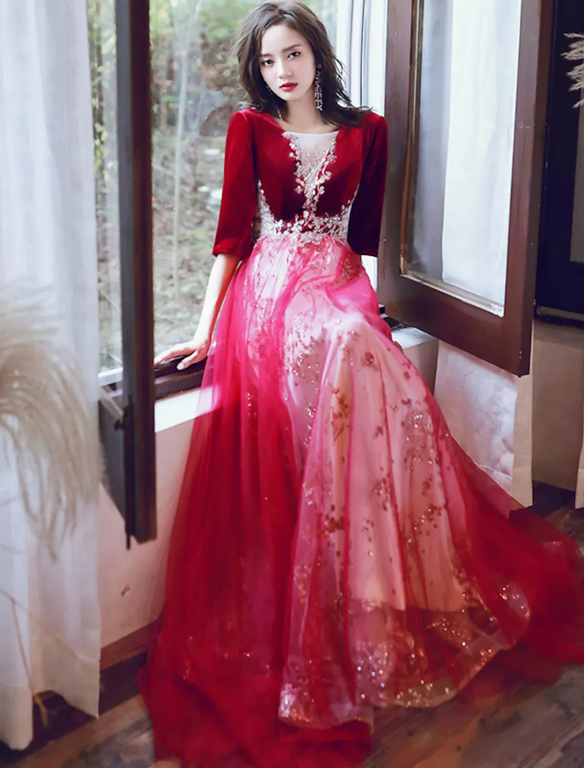 A-Line Glittering Party Wear Formal Evening Dress Half Sleeve Floor Length Velvet with Sequin Appliques