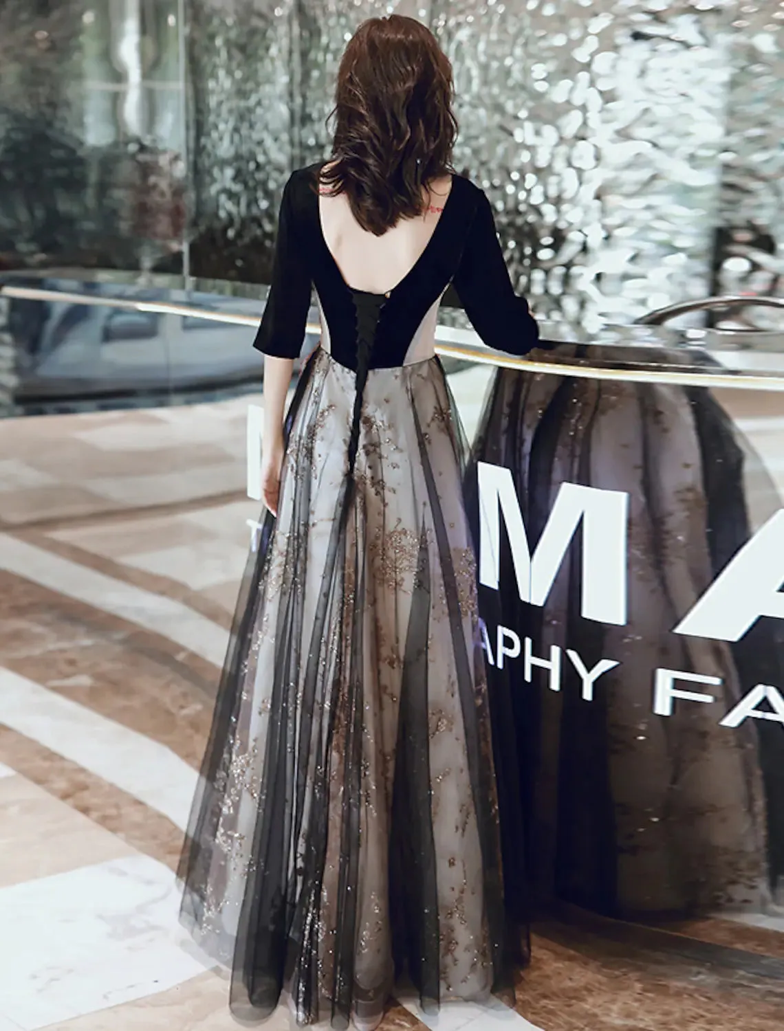 A-Line Glittering Party Wear Formal Evening Dress Half Sleeve Floor Length Velvet with Sequin Appliques