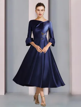 A-Line Mother of the Bride Dress Formal Wedding Guest Elegant Bateau Neck Tea Length Satin 3/4 Length Sleeve with Pleats Beading