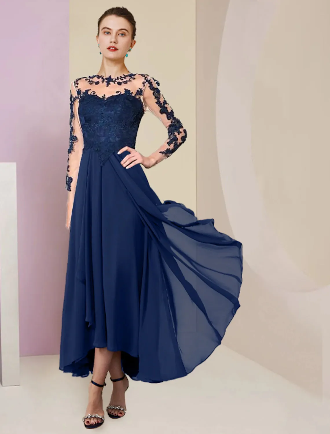 A-Line Mother of the Bride Dress Formal Wedding Guest Elegant High Low Scoop Neck Asymmetrical Tea Length Chiffon Lace 3/4 Length Sleeve with Pleats Appliques