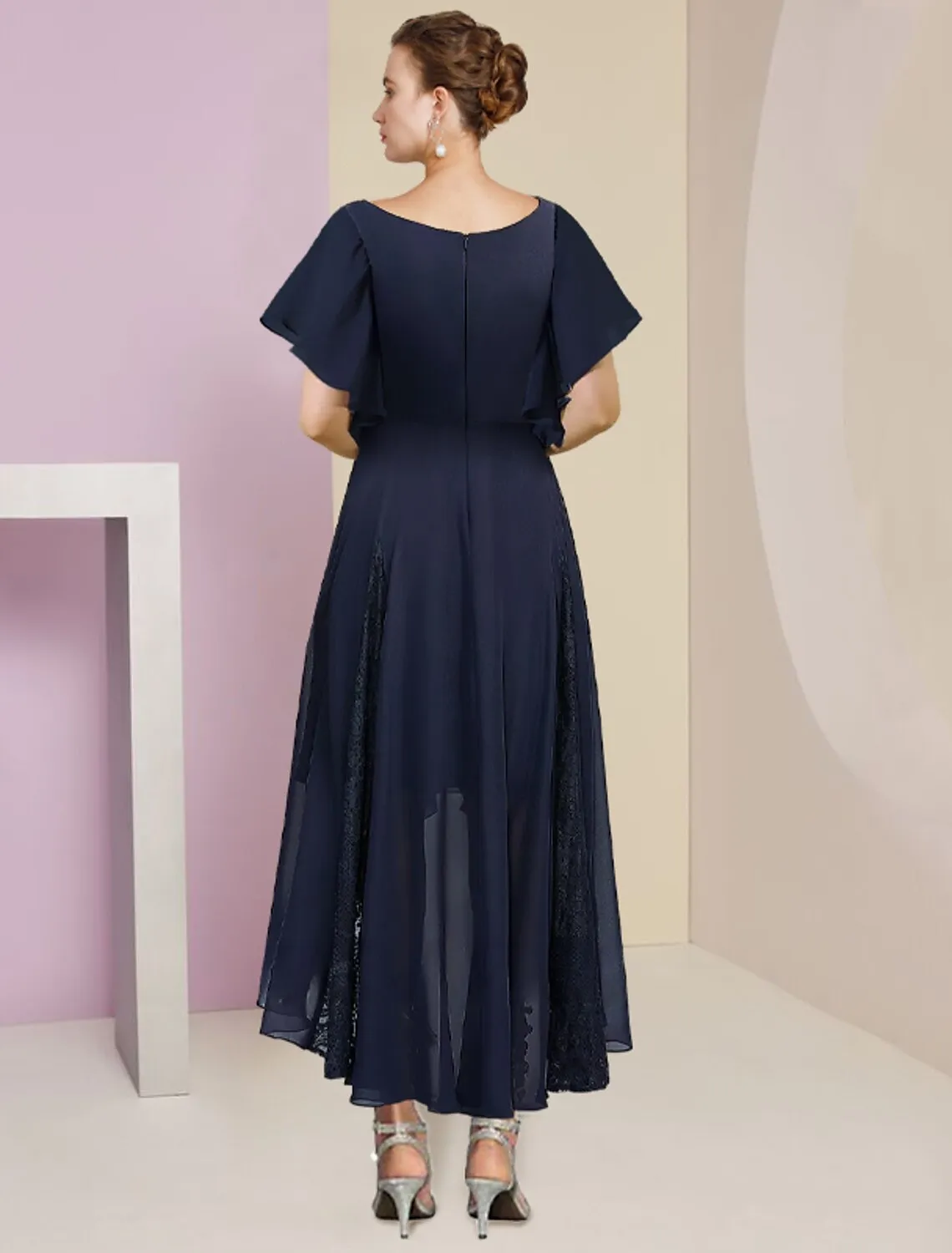 A-Line Mother of the Bride Dress Formal Wedding Guest Elegant V Neck Ankle Length Chiffon Lace Short Sleeve with Pleats Crystal Brooch