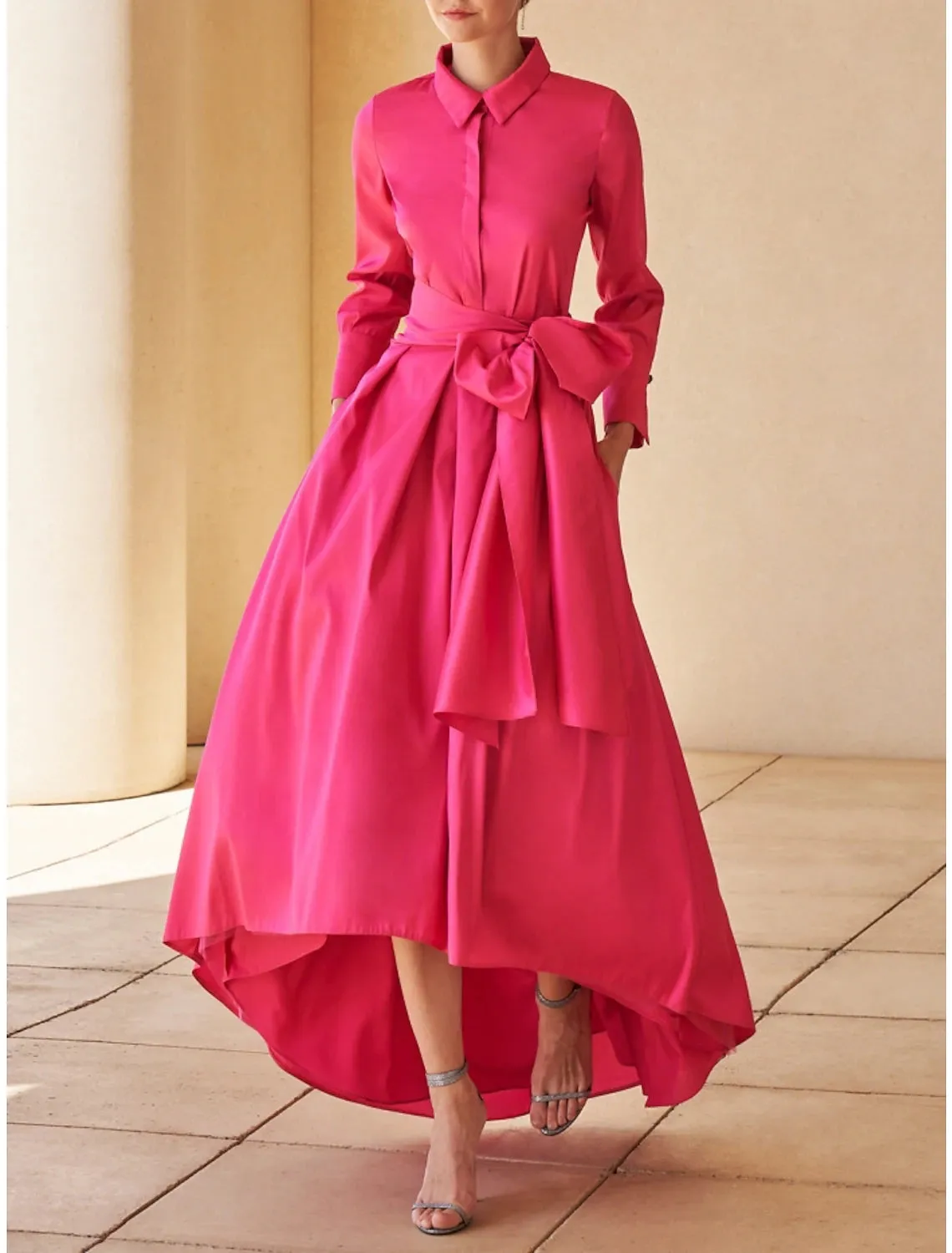 A-Line Mother of the Bride Dress Wedding Guest Elegant Shirt Collar Asymmetrical Satin Long Sleeve with Sash / Ribbon Ruching