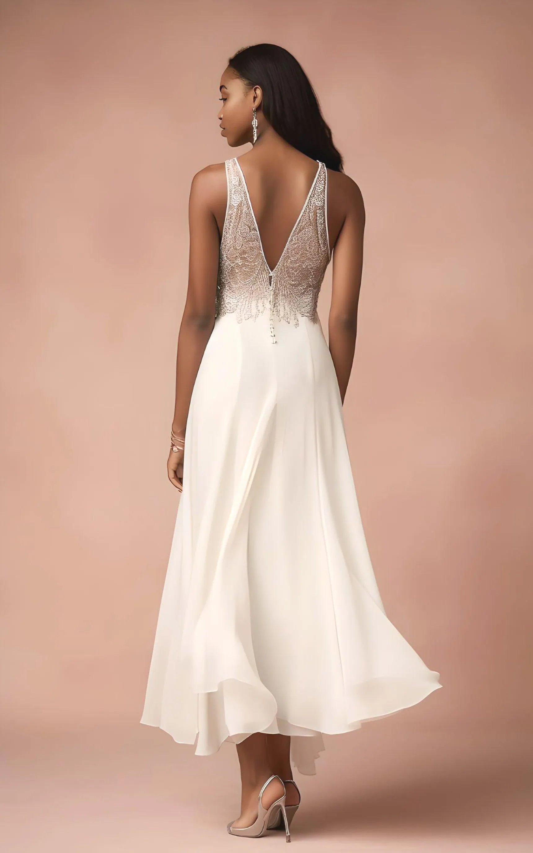 A-Line Sleeveless Chiffon Wedding Dress 2023 V-neck Beach Country Garden Court Tea-length Vintage Sexy Casual