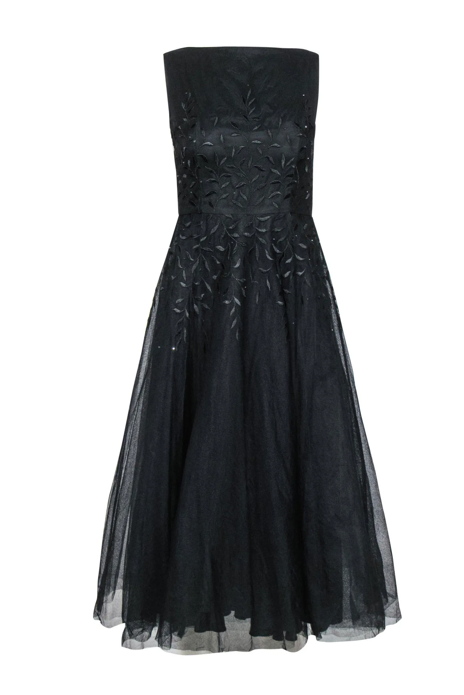 ABS Evening - Black Sleeveless Tulle A-Line Dress w/ Floral Embroidery & Rhinestones Sz 4