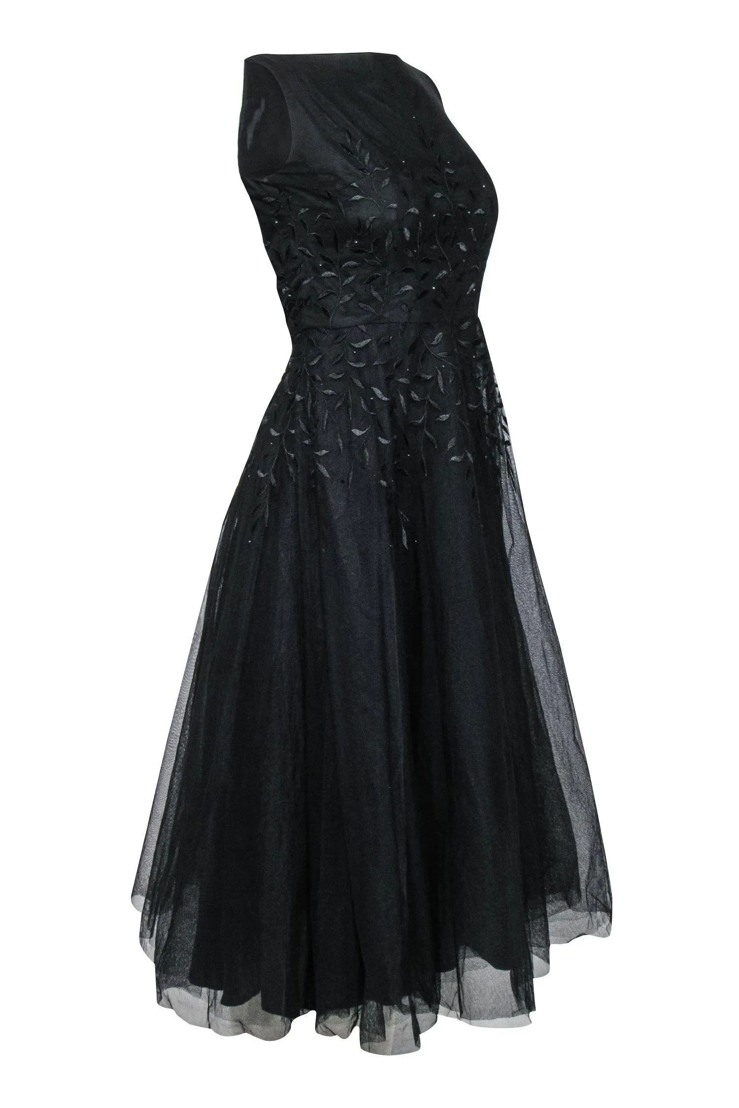 ABS Evening - Black Sleeveless Tulle A-Line Dress w/ Floral Embroidery & Rhinestones Sz 4