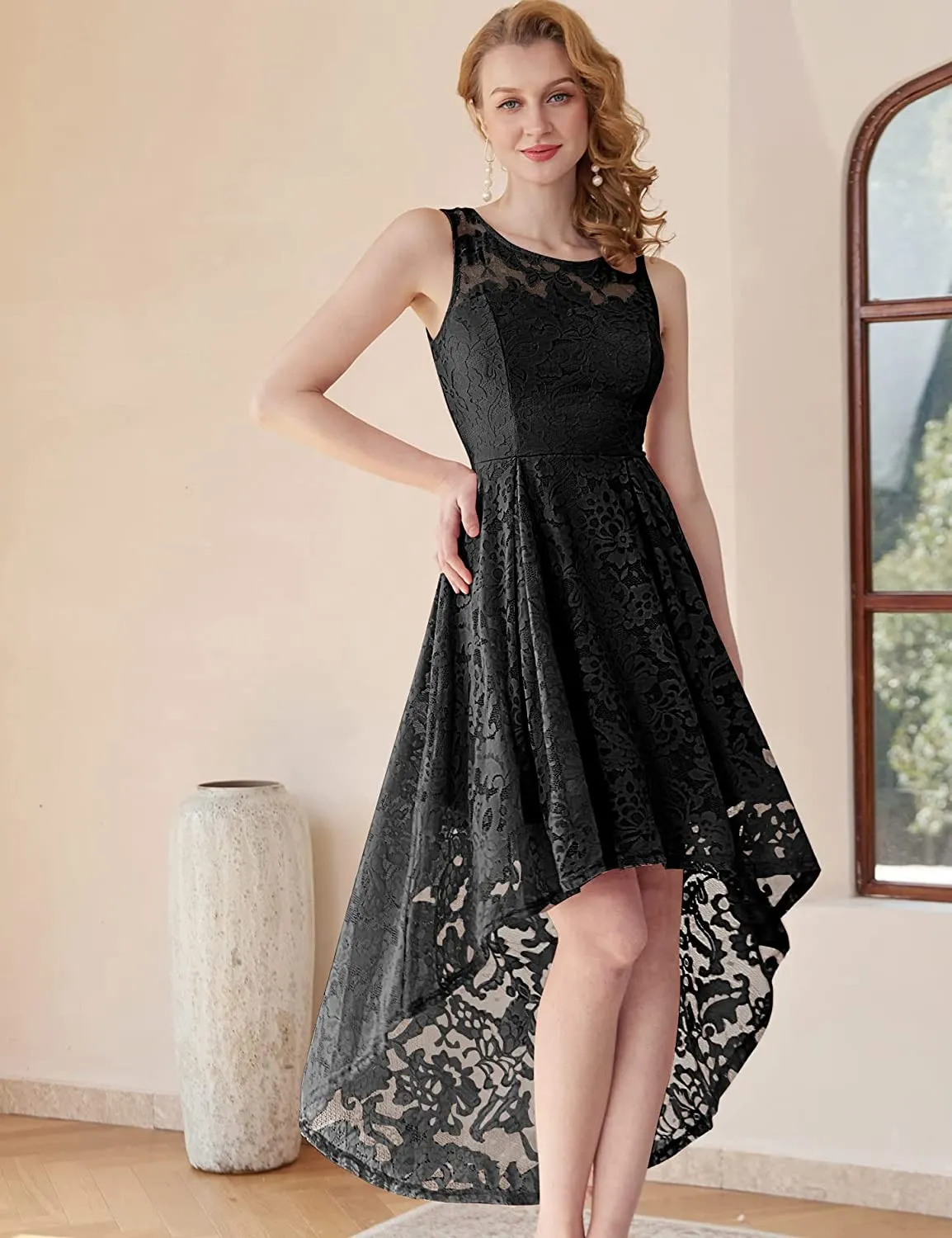 Amy Fashion - Christmas Vintage Floral Lace Sleeveless Formal Swing Dress