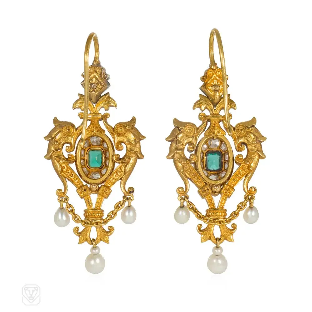 Antique emerald, pearl and diamond griffin earrings