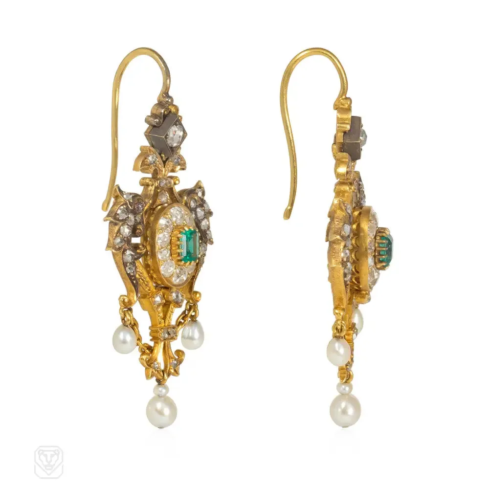 Antique emerald, pearl and diamond griffin earrings