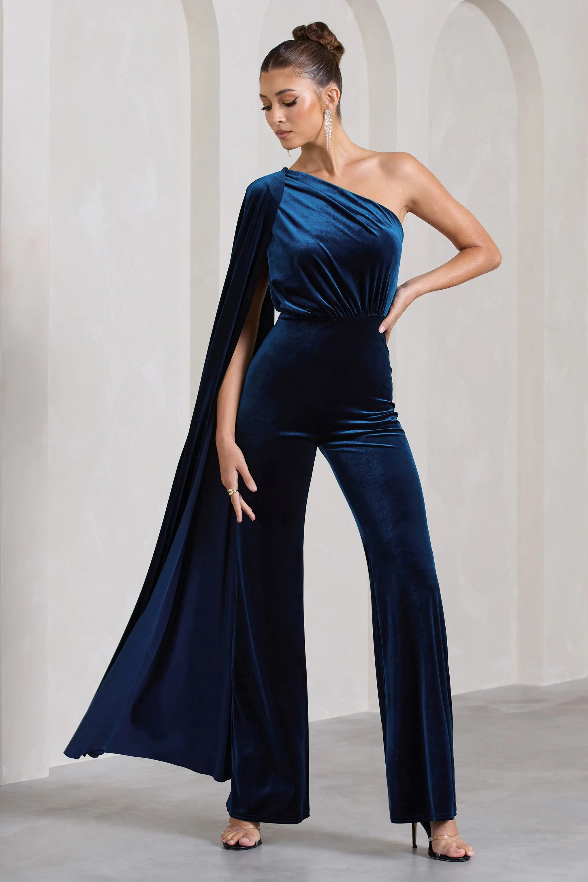 Aurora | Navy Velvet One Shoulder Cape Sleeve Jumpsuit