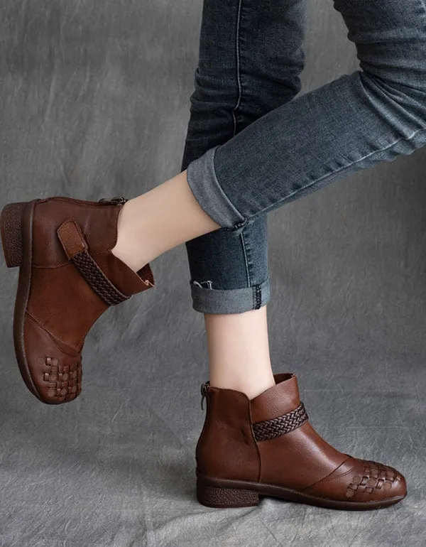 Autumn Handmade Woven Thick Heel Short Boots