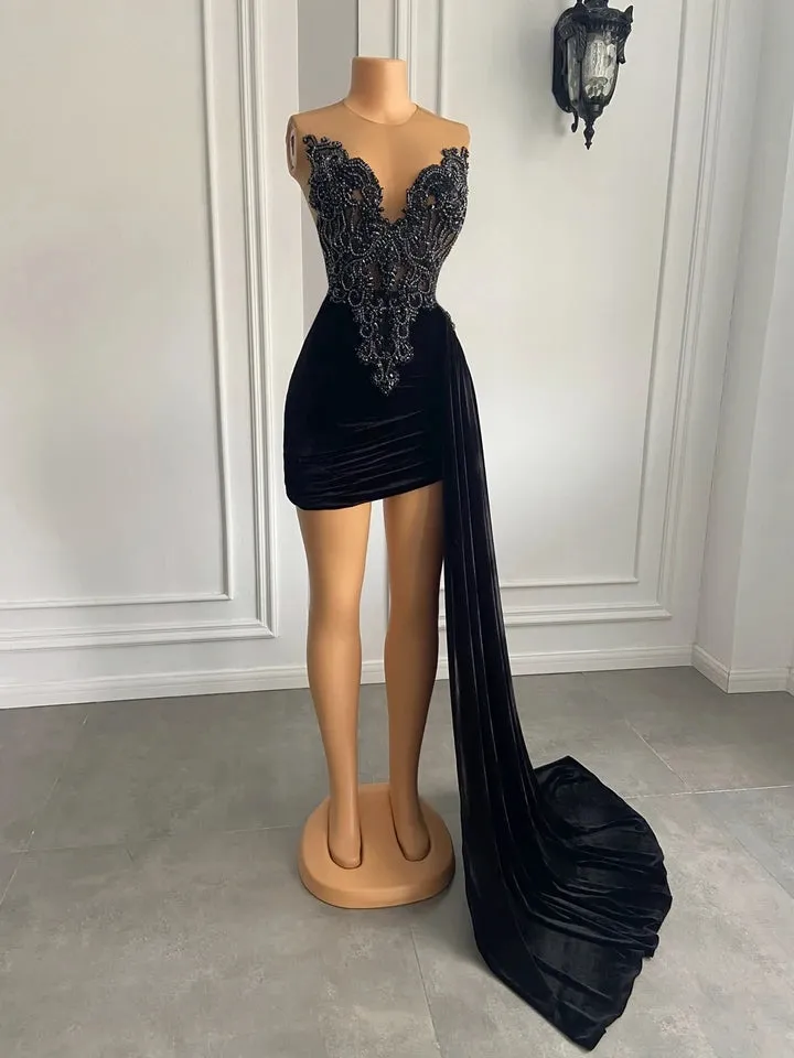 Black Velvet Beaded Embroidery Prom Dress