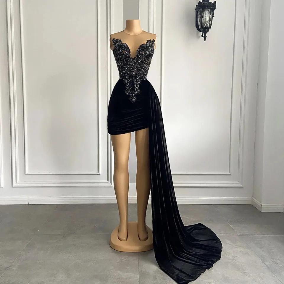 Black Velvet Beaded Embroidery Prom Dress