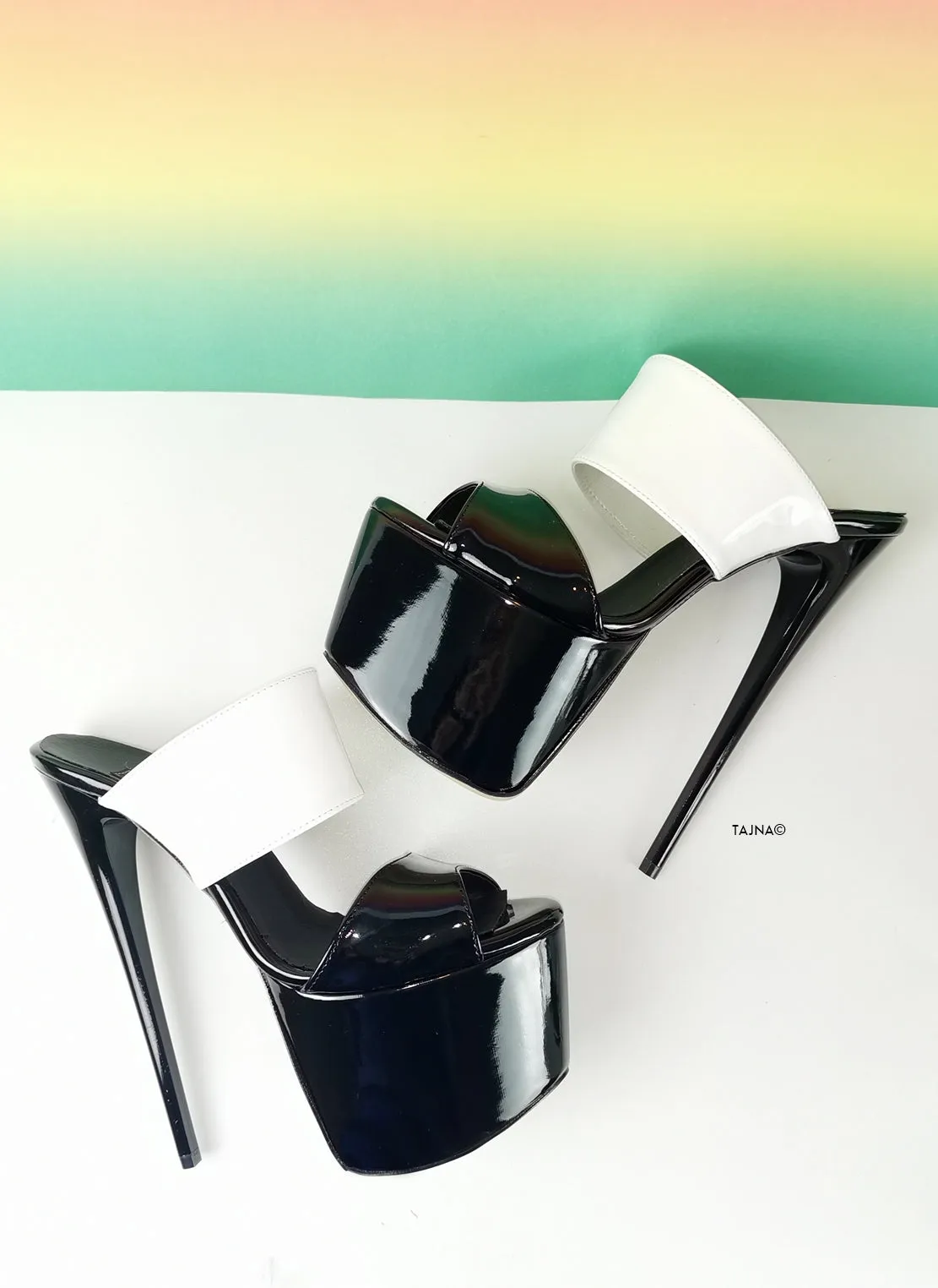 Black White Patent Double Strap Mules