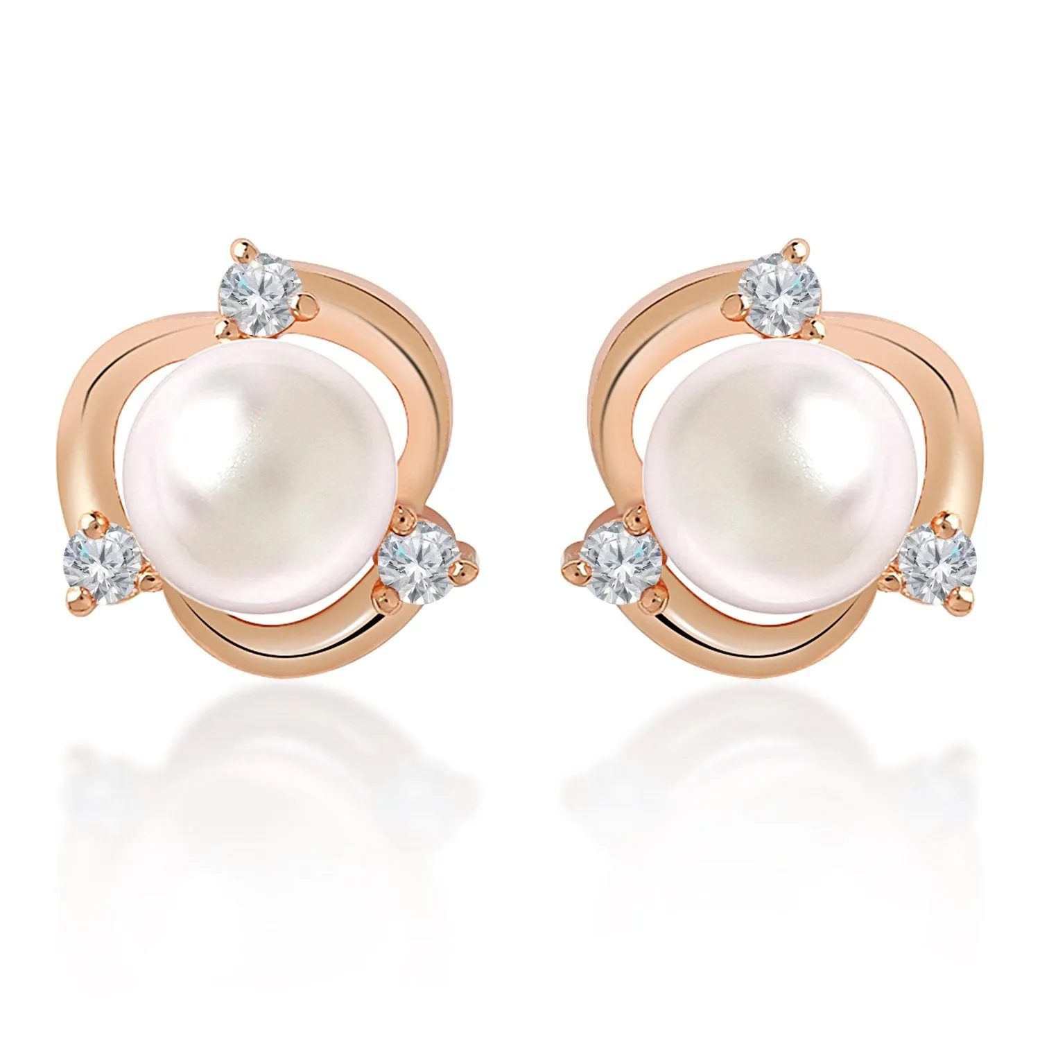 Brass 18k Rose Gold Floral Pearl Studs Earring Pair For Women