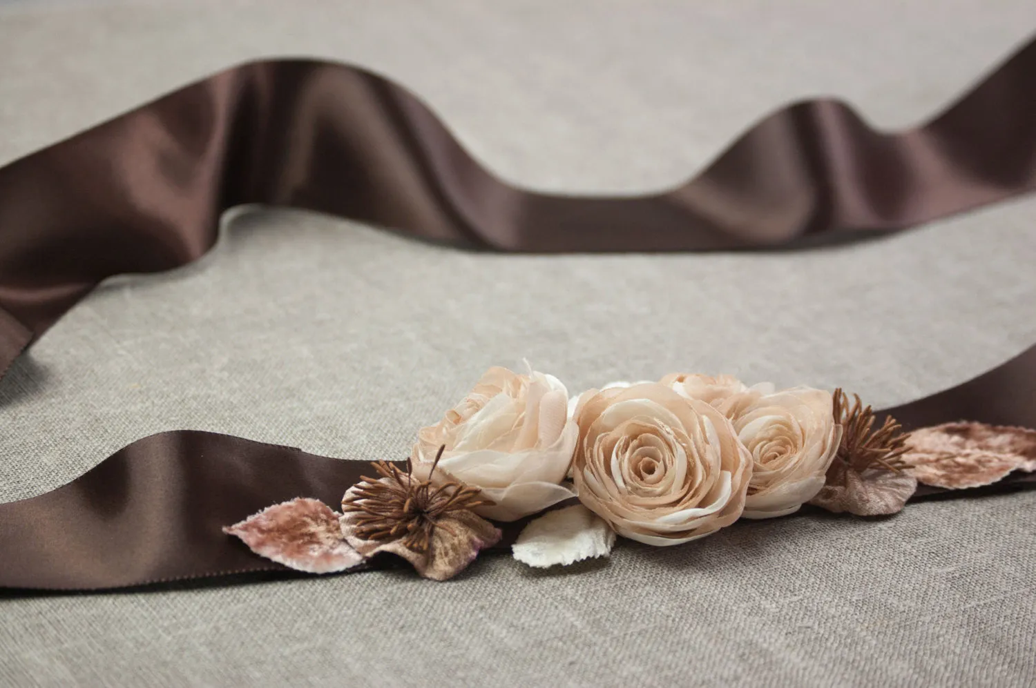 Bridal floral sash, Wedding floral sash, Wedding dress sash, Brown sash