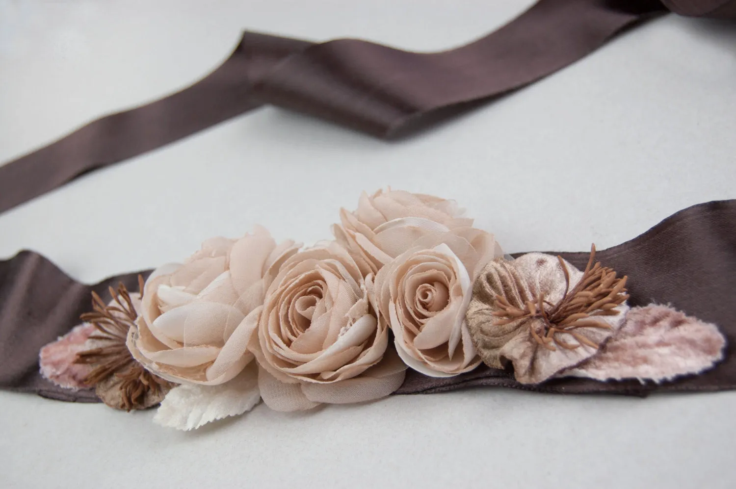 Bridal floral sash, Wedding floral sash, Wedding dress sash, Brown sash