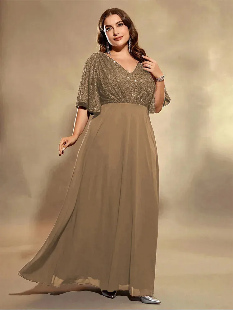 Brown Plus Size Chiffon V-Neck Sequined Evening Dress