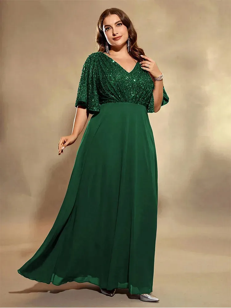 Brown Plus Size Chiffon V-Neck Sequined Evening Dress