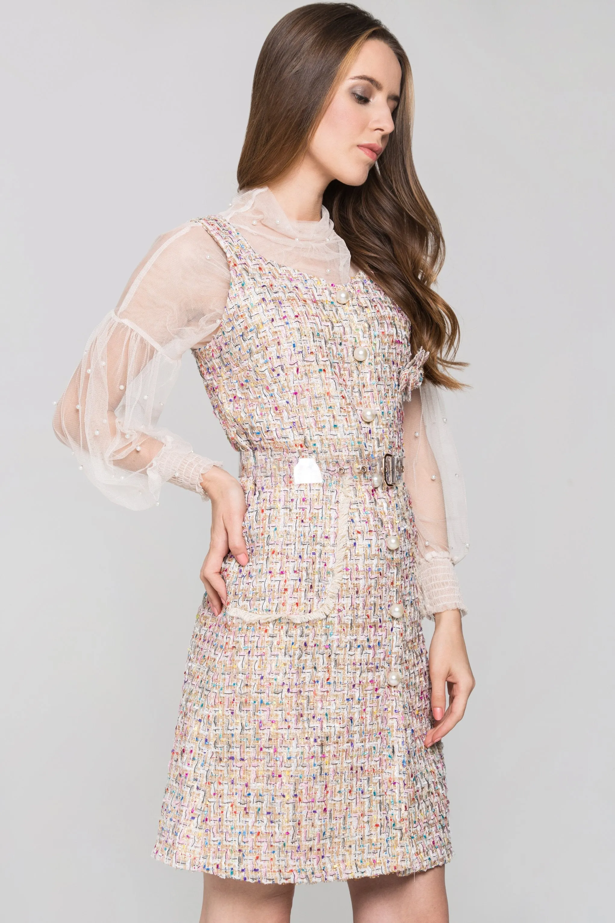 Confetti Tweed Sheer Sleeve Dress Set