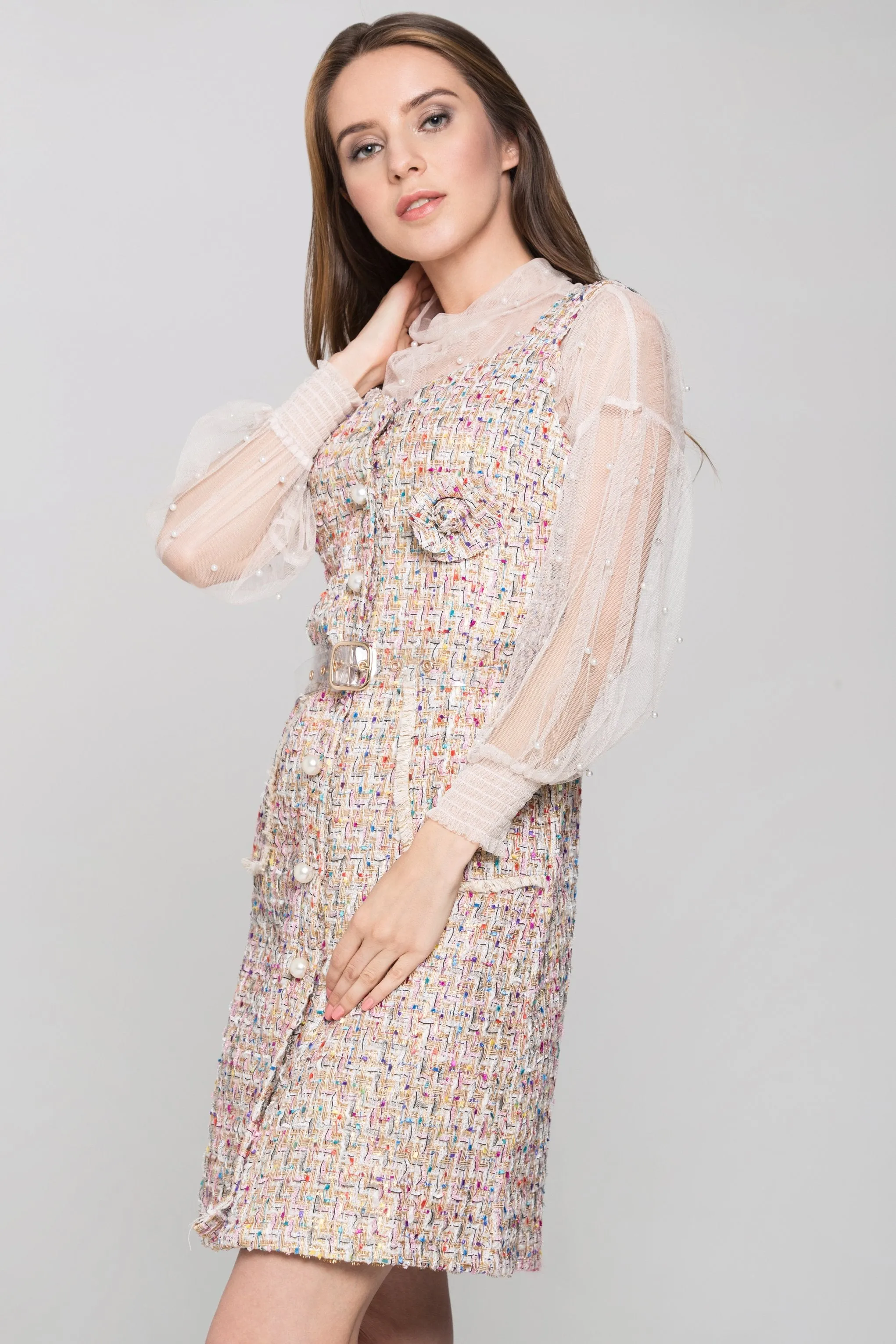 Confetti Tweed Sheer Sleeve Dress Set