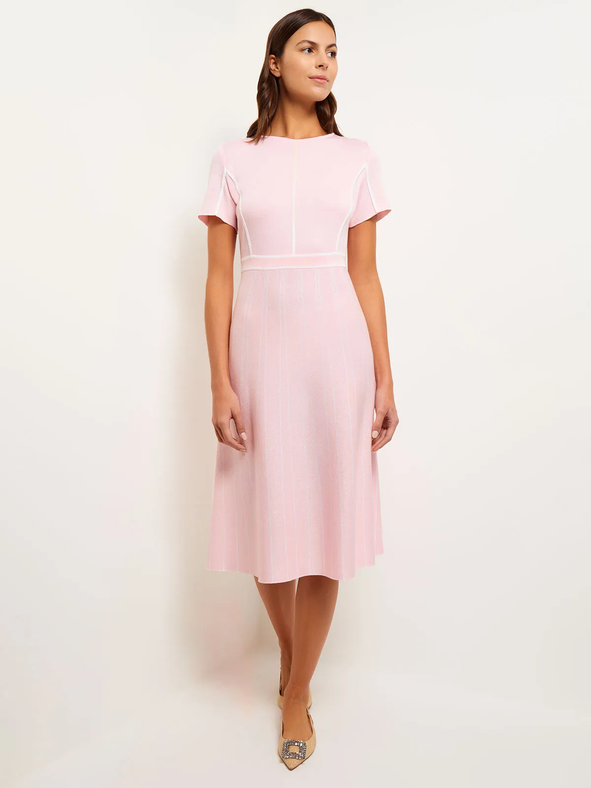 Contrast Stripe A-Line Soft Knit Dress, Rose Petal & White