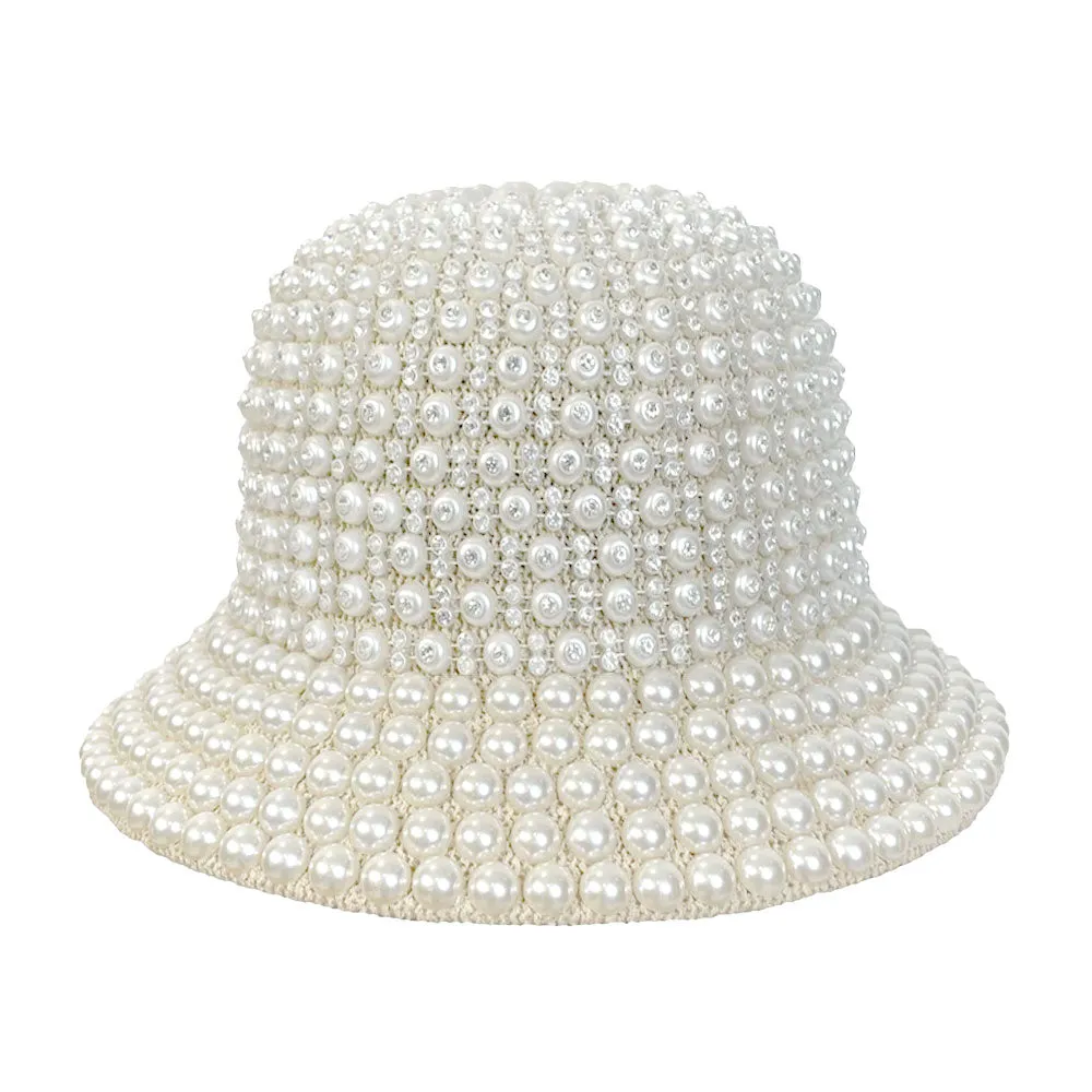 Cream Pearl Rhinestone Embellished Straw Bucket Hat