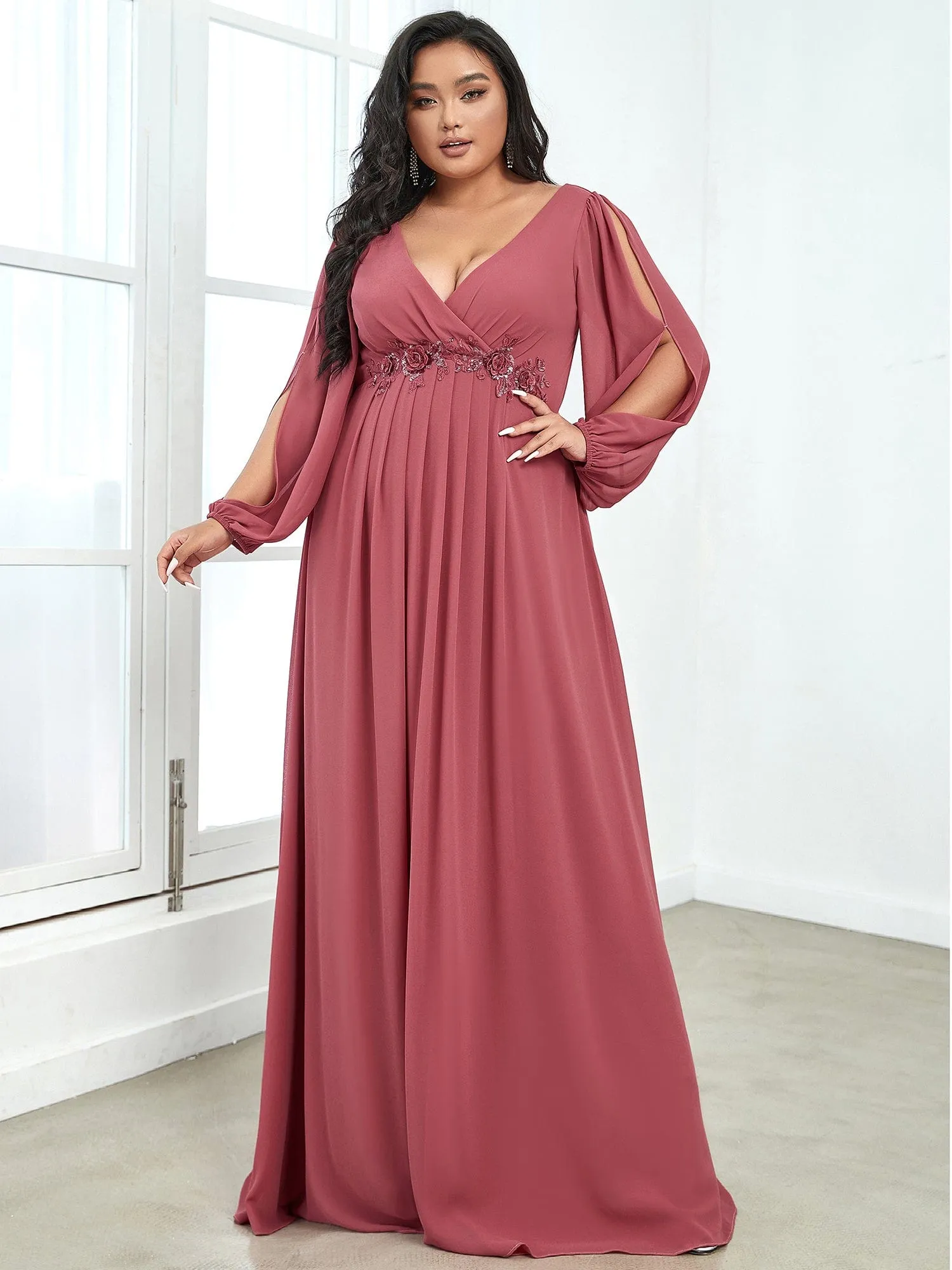 Custom Size Chiffon V-Neckline Long Sleeve Formal Evening Dress