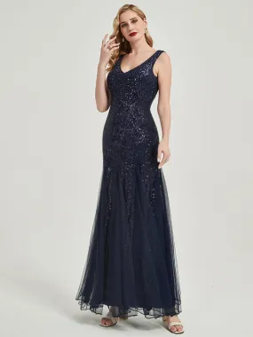 Dark Navy Sequin Tulle V-Neck Sleeveless Maxi Mermaid Evening Dress