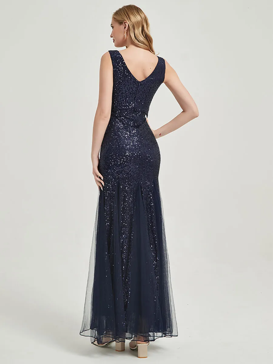 Dark Navy Sequin Tulle V-Neck Sleeveless Maxi Mermaid Evening Dress