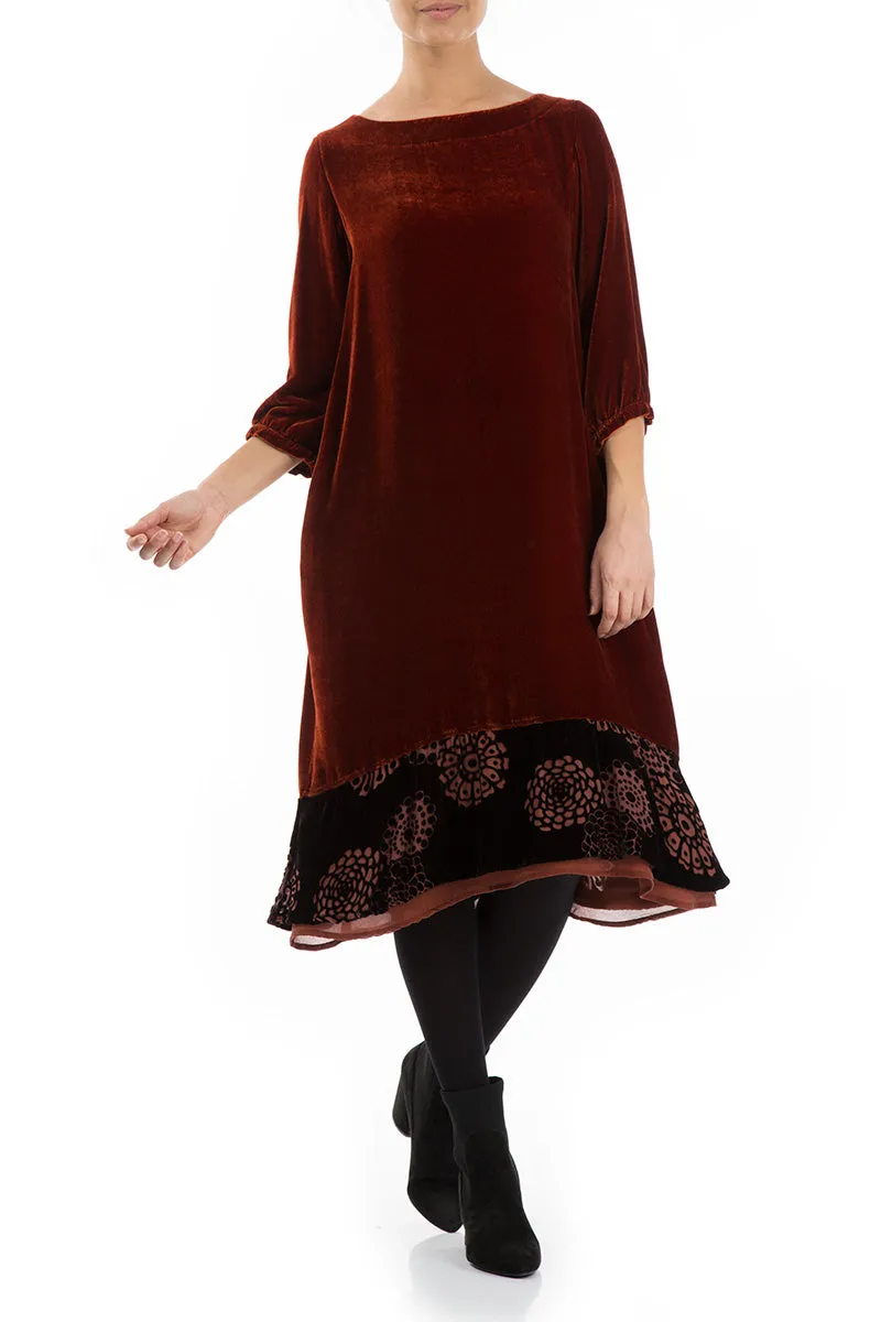 Decorated Hem Brick Silk Velvet Dress