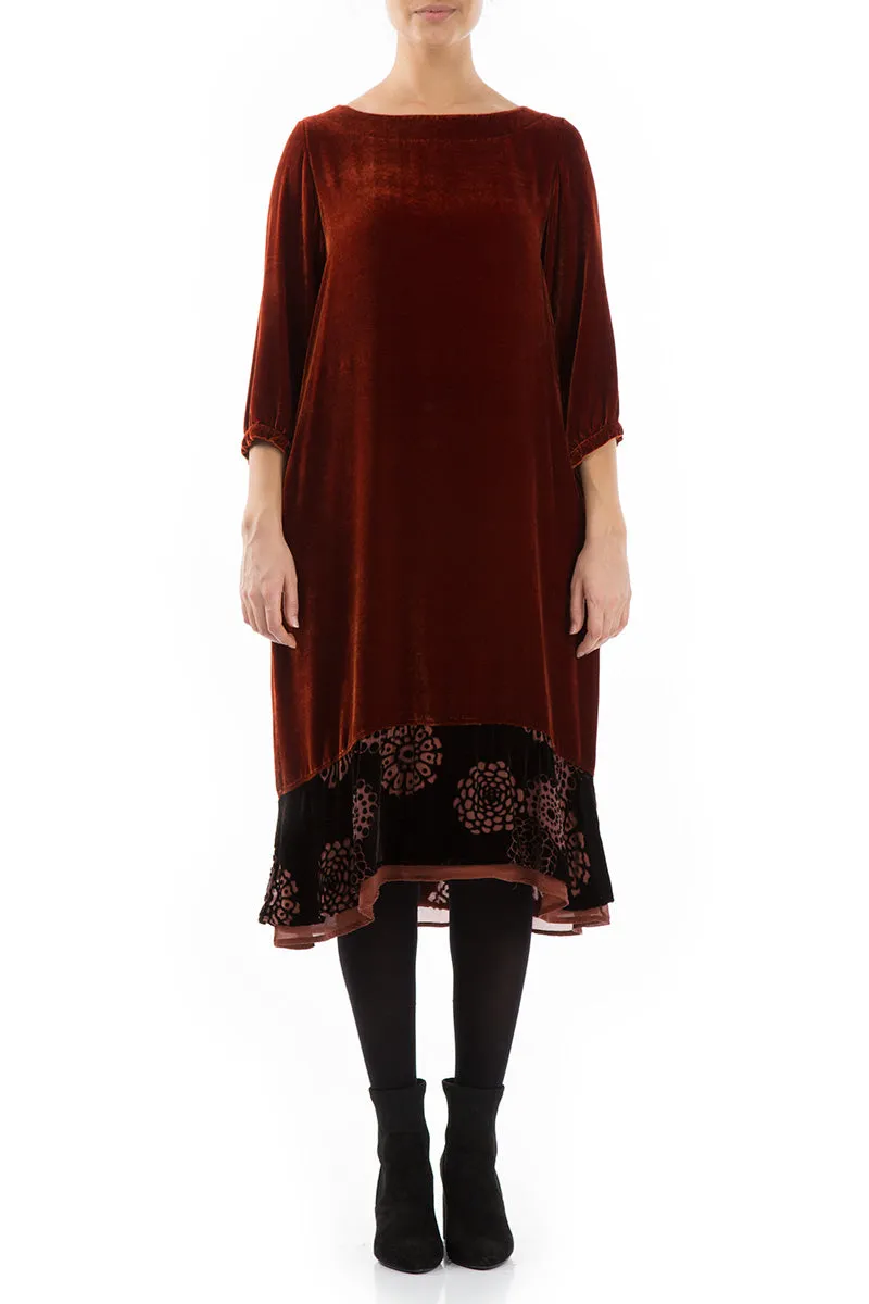 Decorated Hem Brick Silk Velvet Dress