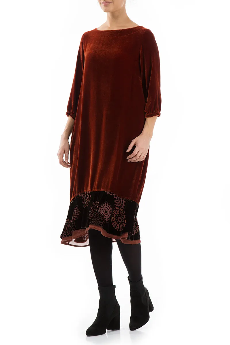 Decorated Hem Brick Silk Velvet Dress