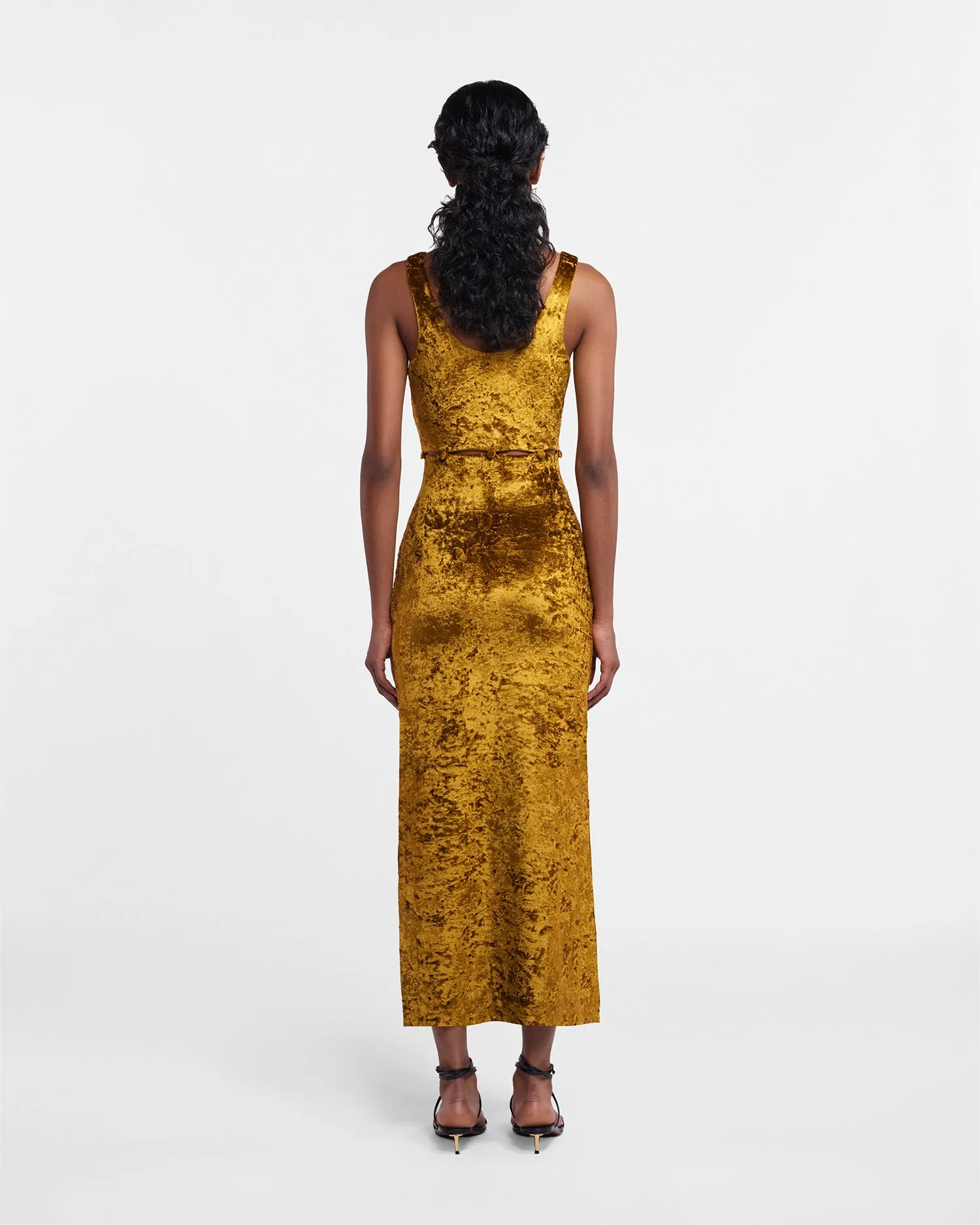 Delvine - Sale Cutaway-Detail Dress - Curry Crushed Velvet