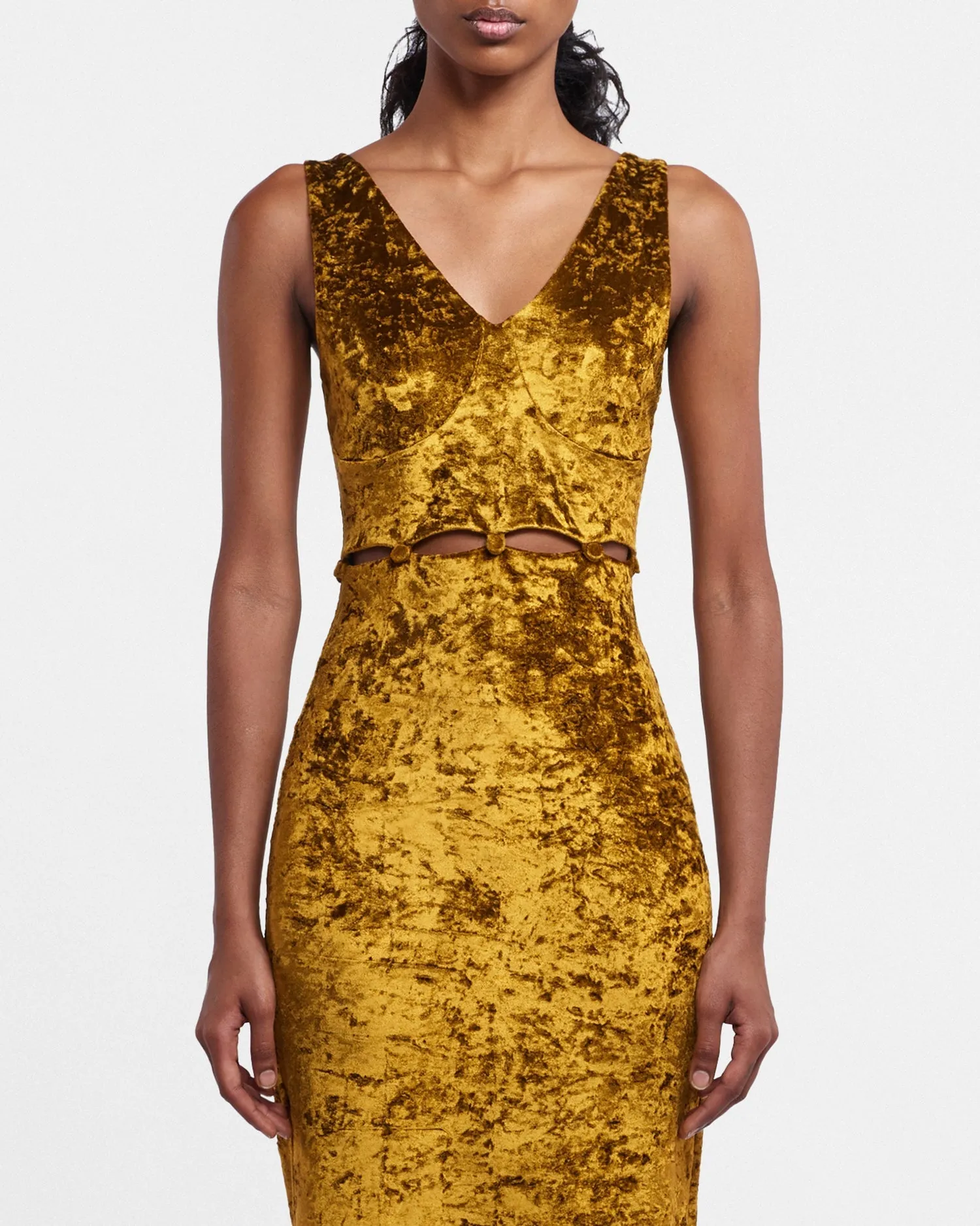 Delvine - Sale Cutaway-Detail Dress - Curry Crushed Velvet