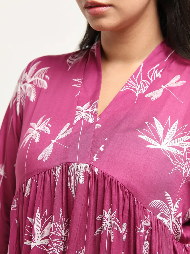 Diza Purple Foliage Print A-Line Kurta